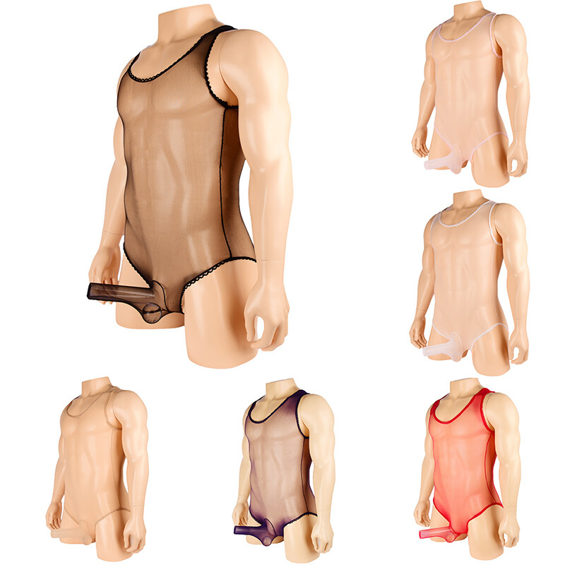 Men's Sleeveless Slim Stretchy Bodysuit with Bulge Pouch Briefs-image