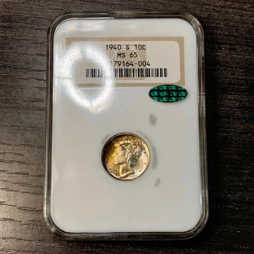 1940 S Mercury Silver Dime 10c MS 65 TONED NGC Graded and CAC-approved