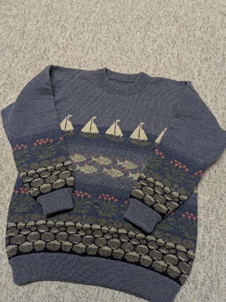 vintage 1990s wool ALL-OVER sweater M cape cod PREPPY fair isle SAIL BOAT fish - Image 3 of 4