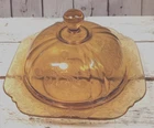 Vtg 1930s Yellow Madrid Pattern Depression Glass Covered Butter Dish ***