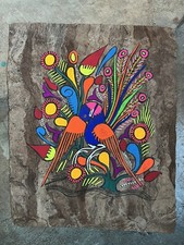 Vintage Mexican Folk Art Painted Amate Tree Bark Floral Bird Flower