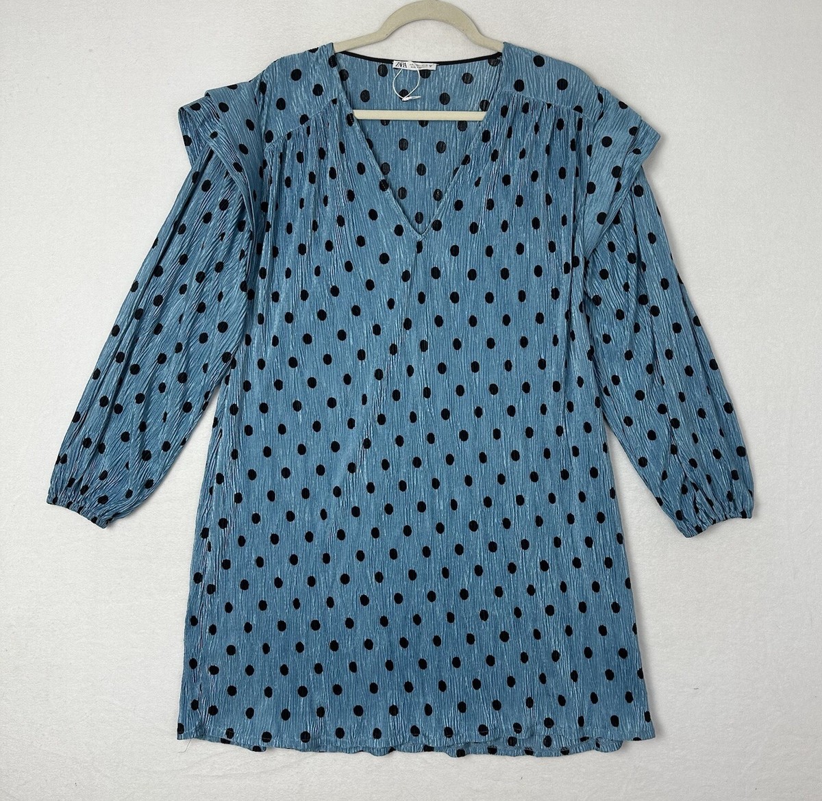 Zara Women's Mini Dress Blue Polka Dot V Neck Long Sleeve Size L NWOT | eBay