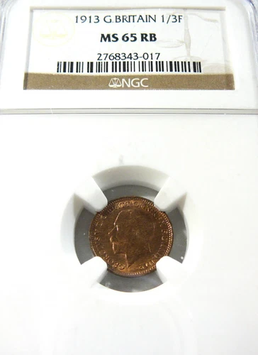 Great Britain 1913 Bronze 1/3rd Farthing (used in Malta only) NGC MS65 RB BL1