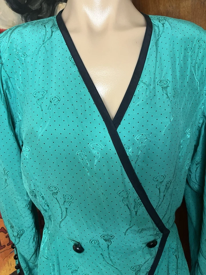 Blazer De Colección Verde Azulado Seda Peplum Mujer Dbl-Pecho Plisado Espalda Manga Larga Abullonada 14 Foto 3 de 4