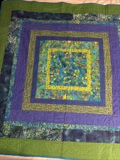 New Batik Lap Quilt Throw Blanket Handmade Machine Stitched Blue Green 58x58  