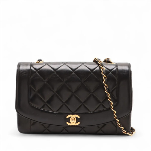 Chanel Matelasse Lambskin Single Flap Single Chain Bag Diana Black Gold Metal Fi