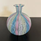 Vintage Ribbon Murano Style Green Blue Pink Glass 4” Bud Vase