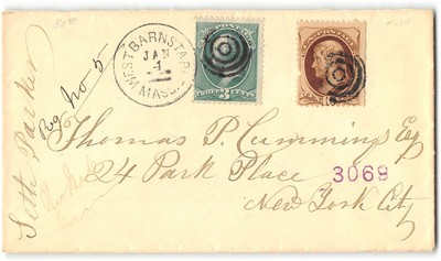 West Barnstar MA to New York City, target cancels, c. 1880's