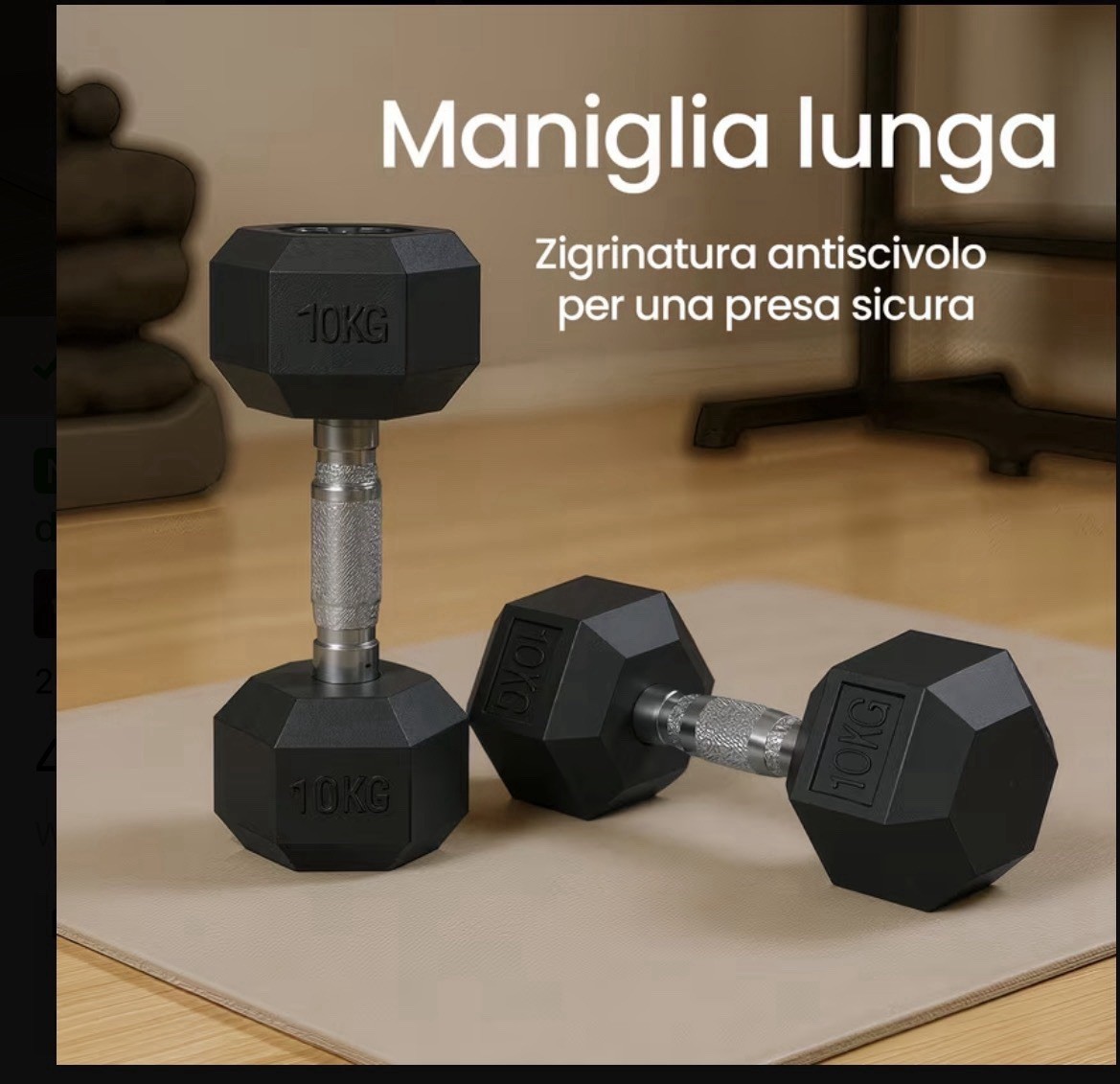 Coppia manubri esagonali peso fisso 10 kg ciascuno neri, zigrinati foto 6