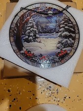 Stained Glass Window Hanging Christmas Tree Winter Snow Night 7.8x7.8 IN