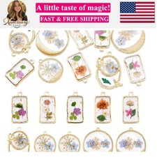 Transparent Flower Resin Charms Round Gold Edge Dried Floral Pendants Flat Ro...