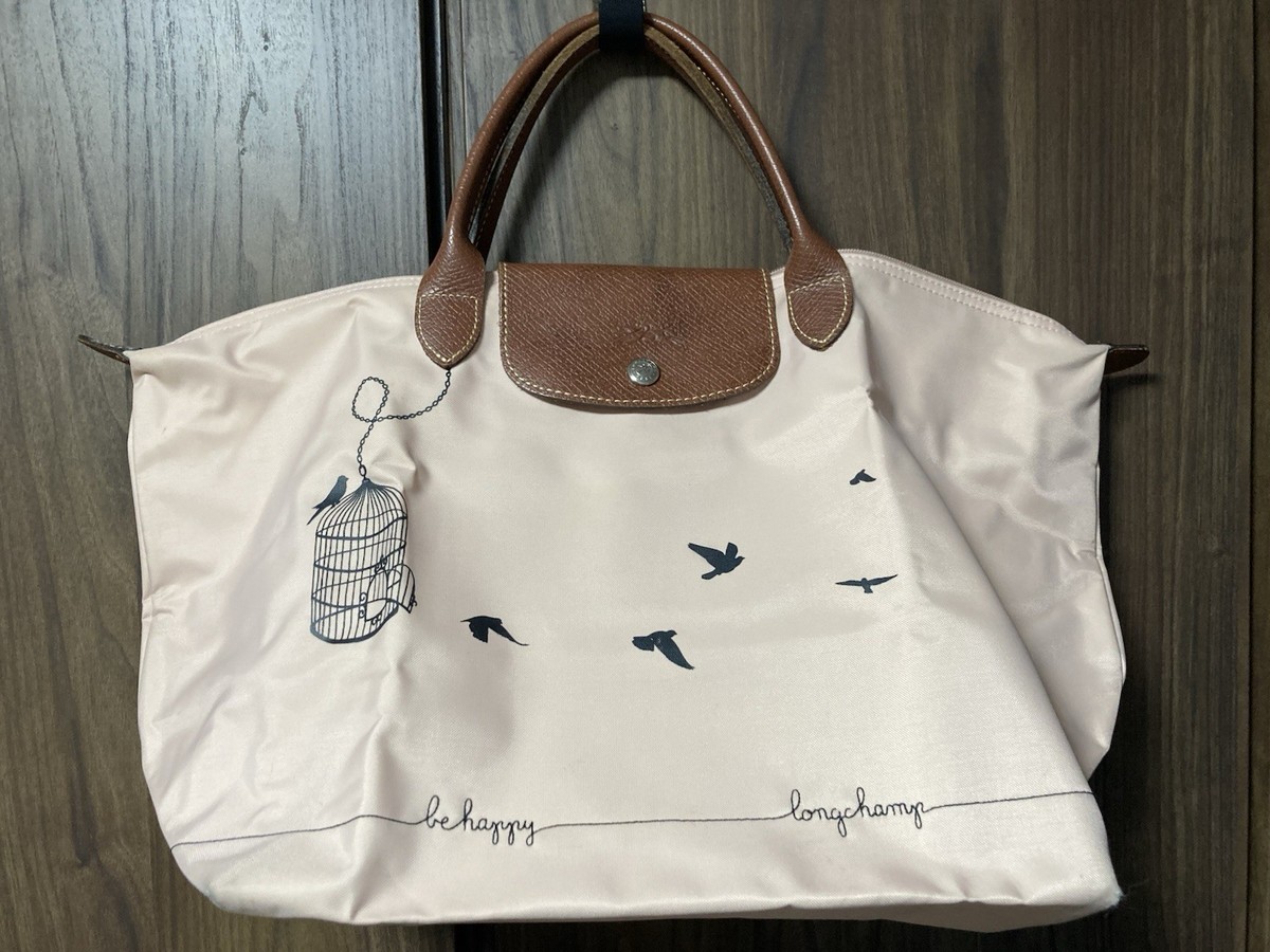 Limited LONGCHAMP Le Pliage Tote Pink Bird Heart Design Authentic 