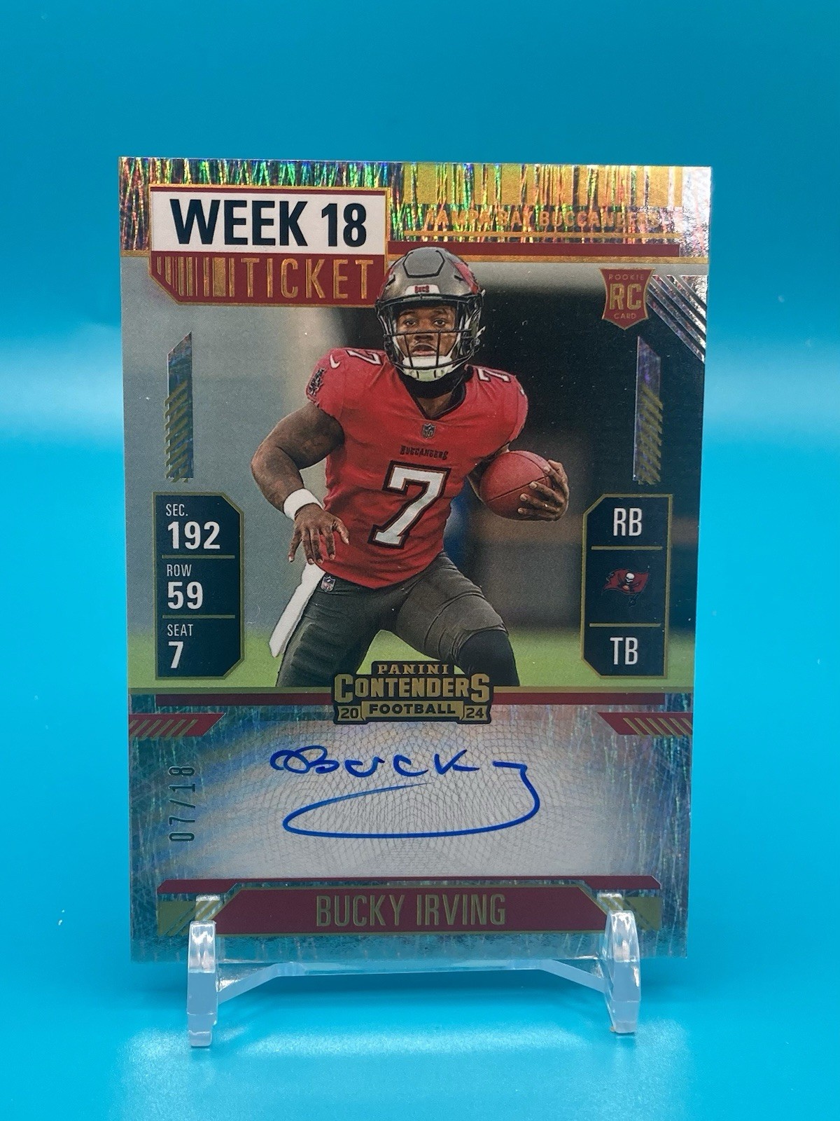 2024 Panini Contenders Bucky Irving RC WEEK 18 TICKET Jersey # On Card Auto /18