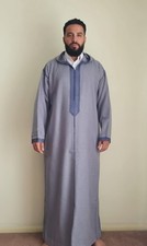 Moroccan Wool Djellaba, Hooded Islamic Robe, Embroidered Thobe