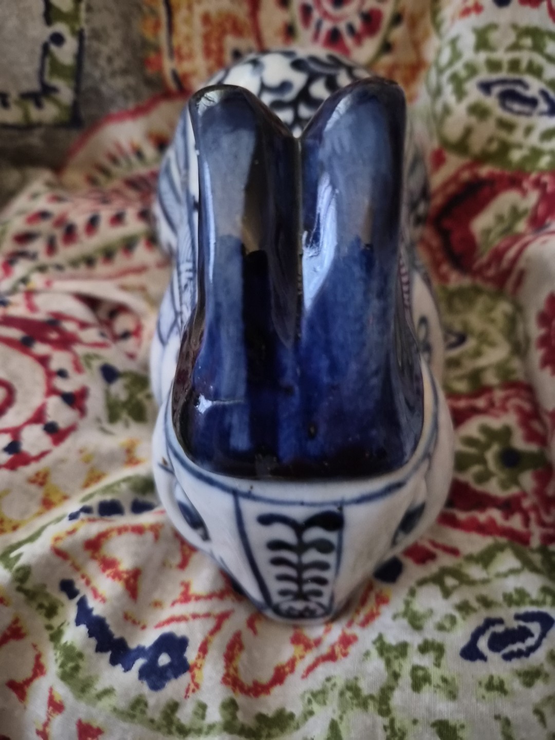 Vintage Blue And White Ceramic Rabbit Lidded Dish With Handpainted...
