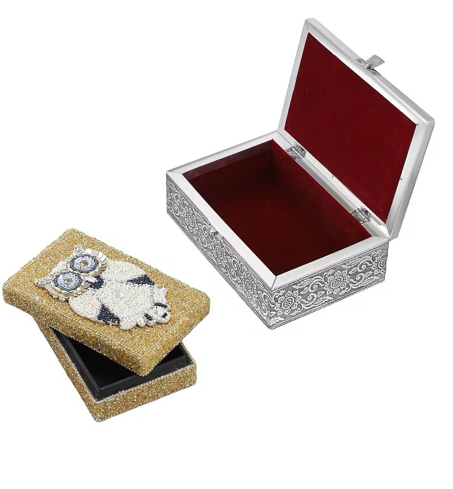 Cajas de almacenamiento de 2 piezas para búho en relieve de aluminio oxidado y cuentas, ¡nuevas! Foto 2 de 4