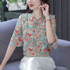 Damen Blumen Bluse Rüschen Ärmel Plissiert Schleifenknopf Bluse Tunika Übergröße