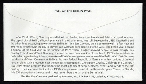 USA, SCOTT # 3190-K, ARTMASTER FDC COVER - FALL OF THE BERLIN WALL, YEAR 2000 - Picture 2 of 2