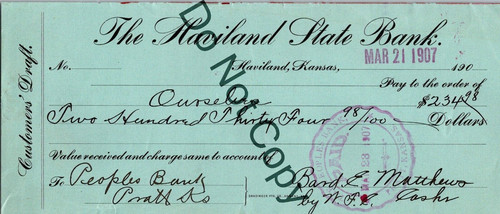 Antique Checks 1907 Cancelled Kansas Citizens Haviland Peoples Bank LOT OF 5 AS1