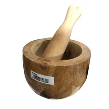 Wooden Mortar & Pestle Grinding Bowl Set Garlic Press Ginger Crush kitchen Tool