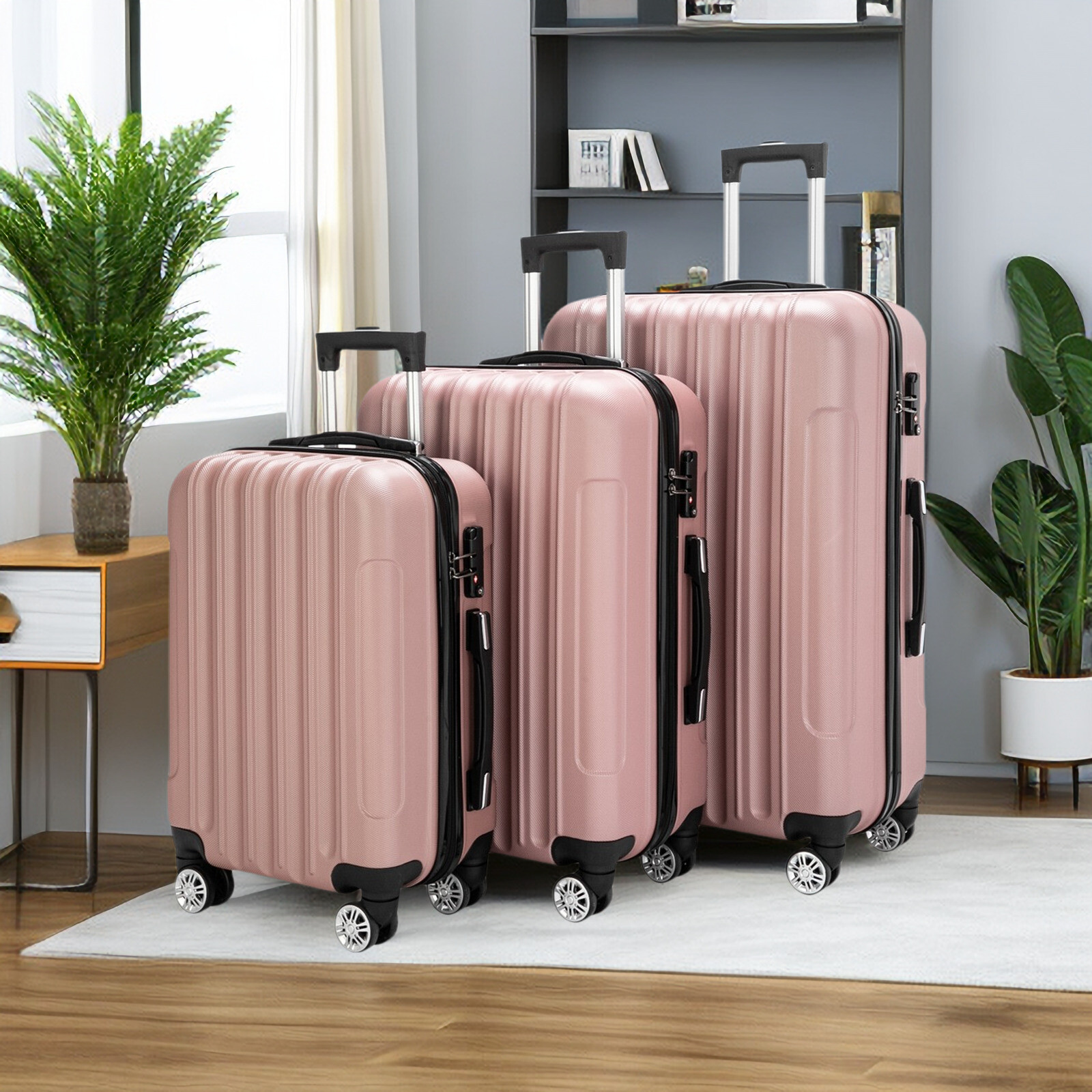 3-Piece​ ABS Hardshell Spinner Luggage Set - 20" 24" 28" Rose Gold Secure Lock