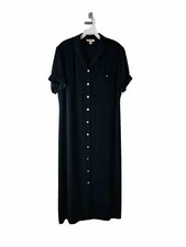 Talbots Womens 16 Button Front Collared Slinky Maxi Dress Black