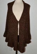 CAbi Brown Knit Shawl Poncho Ruffle Hem One Size Cape Hook Eye Closure in Front