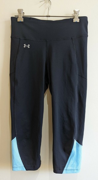 Under Armour Black Blue Mesh Back Of Knee Capri Activewear Leggings Gym Yoga XS