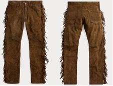 Men Western Style Cowboy Suede Leather Pant Full Leg Side Fringe Style - Brown