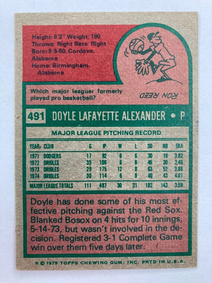 1975 Topps #491 Doyle Alexander (Baltimore Orioles) - Image 2 of 2