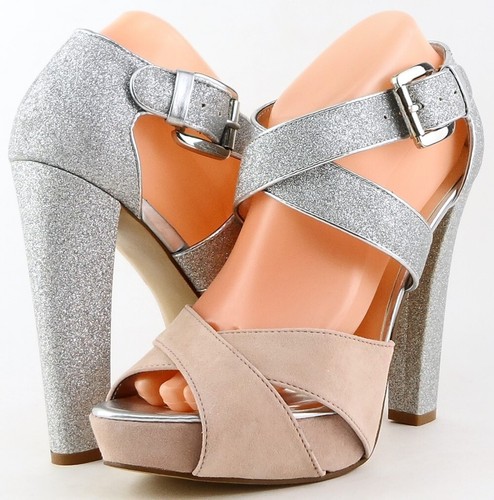 $115 AQUA MOXIE Pink Suede Silver Glitter Designer EVENING Platform Pumps 5.5