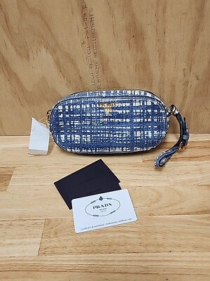 Prada Cervo Lux Denim Print Wristlet 1N1497 New