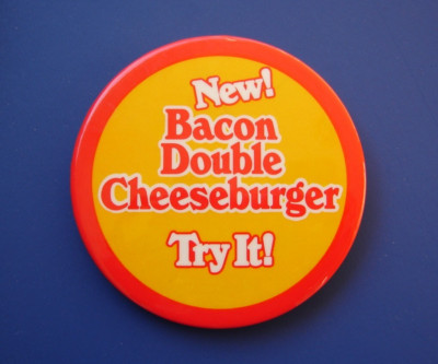 VTG 1982 Burger King Button New Bacon Double Cheeseburger Try It Promotional Pin