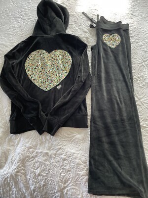 Victoria's Secret Pink Velour Tracksuit Sequin Heart Hoodie Ladies