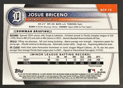 Tarjeta de novato Bowman Chrome 1st Josue Briceno 2025 #BCP13 Tigers - Imagen 2 de 2
