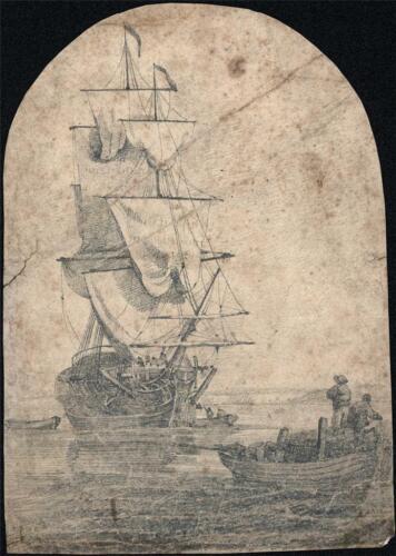 SHIP &amp; BOATS OFF COASTLINE Pencil Drawing ATTRIBUTED SAMUEL PROUT - 19TH CENTURY