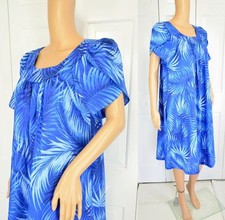 VTG Hawaiian Flavor Blue Scalloped Slvs Ethnic Tropical Tiki Luau MuMu Dress NEW
