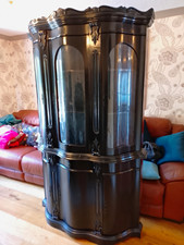 Black Wood & Glass Display Cabinet, 4 Doors, Drawer, 3 Shelves