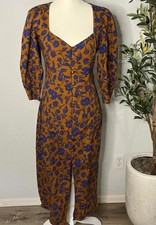 Zara Floral Puff Sleeve Button Midi Dress Sweetheart Neck Brown Blue Size M