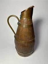 Antique 19th Century Oak Wood & Copper Banded French Wine Barrel Jug Pitcher