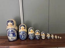 Signed 10-Piece Russian Matryoshka 11″ Blue Gzhel Folk Tale Scenes