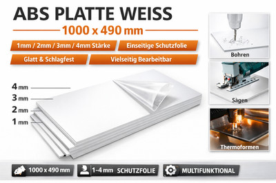ABS Kunststoffplatte 1000x490mm-WEISS- Stärken 1-2-3- 4mm-Einseitige Schutzfolie