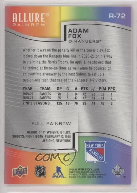 2021-22 Upper Deck Allure Rainbow Full Achievement Adam Fox #R-72 - Image 2 of 2