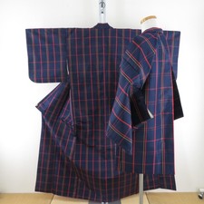 Tsumugi kimono Ansemble Silk Grid pattern Navy 62.2inch Women's