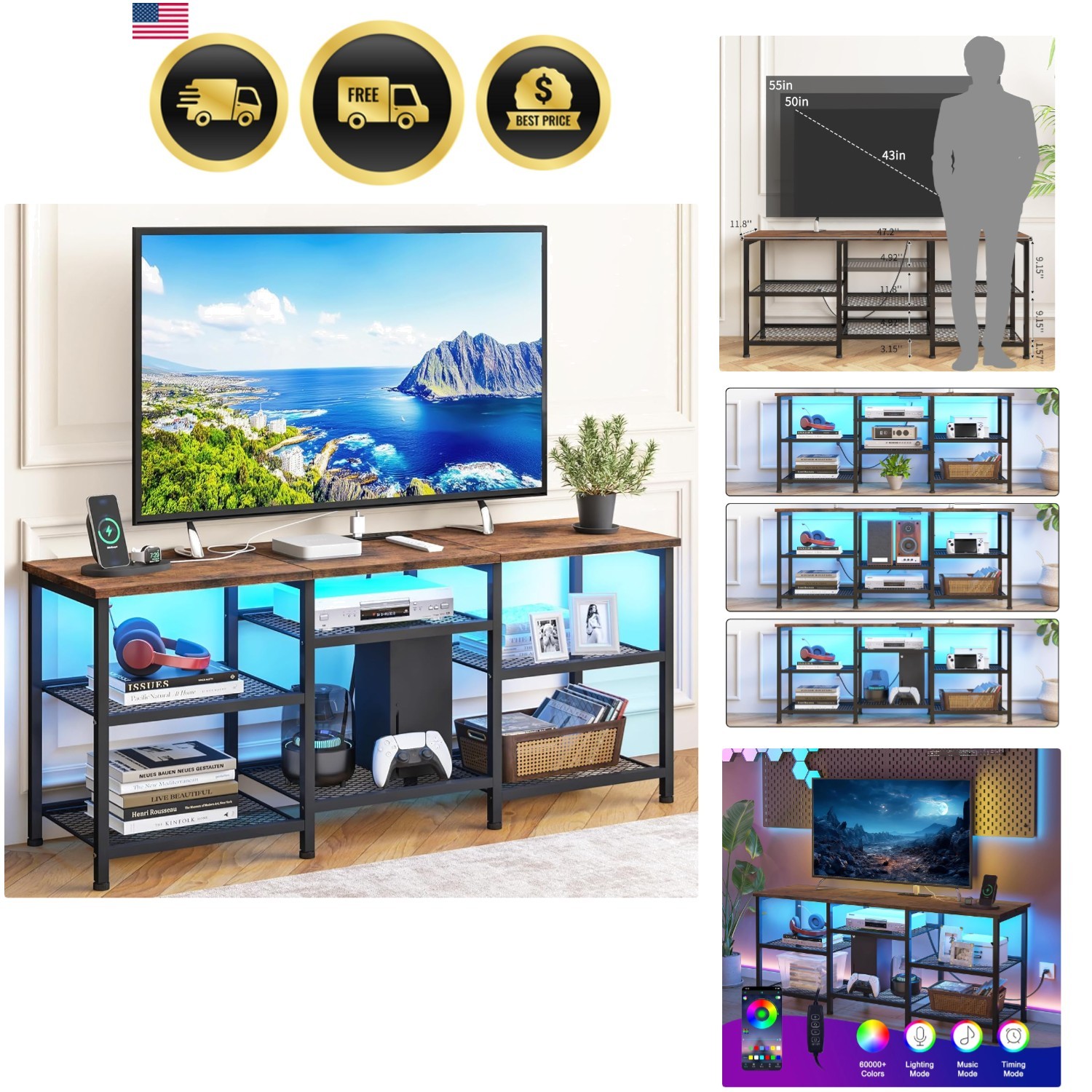 For 55 Inch Tvs Entertainment Center With Led Lights Storage