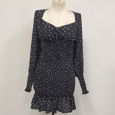 Forever 21 Womens Polka Dot Smocked Coquette Retro Dress Size M Black Ruffle