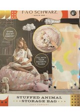 FAO Schwarz Plush Toy Storage Bag -Stuff and Sit- Coral w/Unicorns and Rainbows