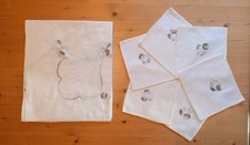 TOVAGLIA RICAMATA rettangolare bianca con INTARSI e 6 TOVAGLIOLI~difetti~vintage