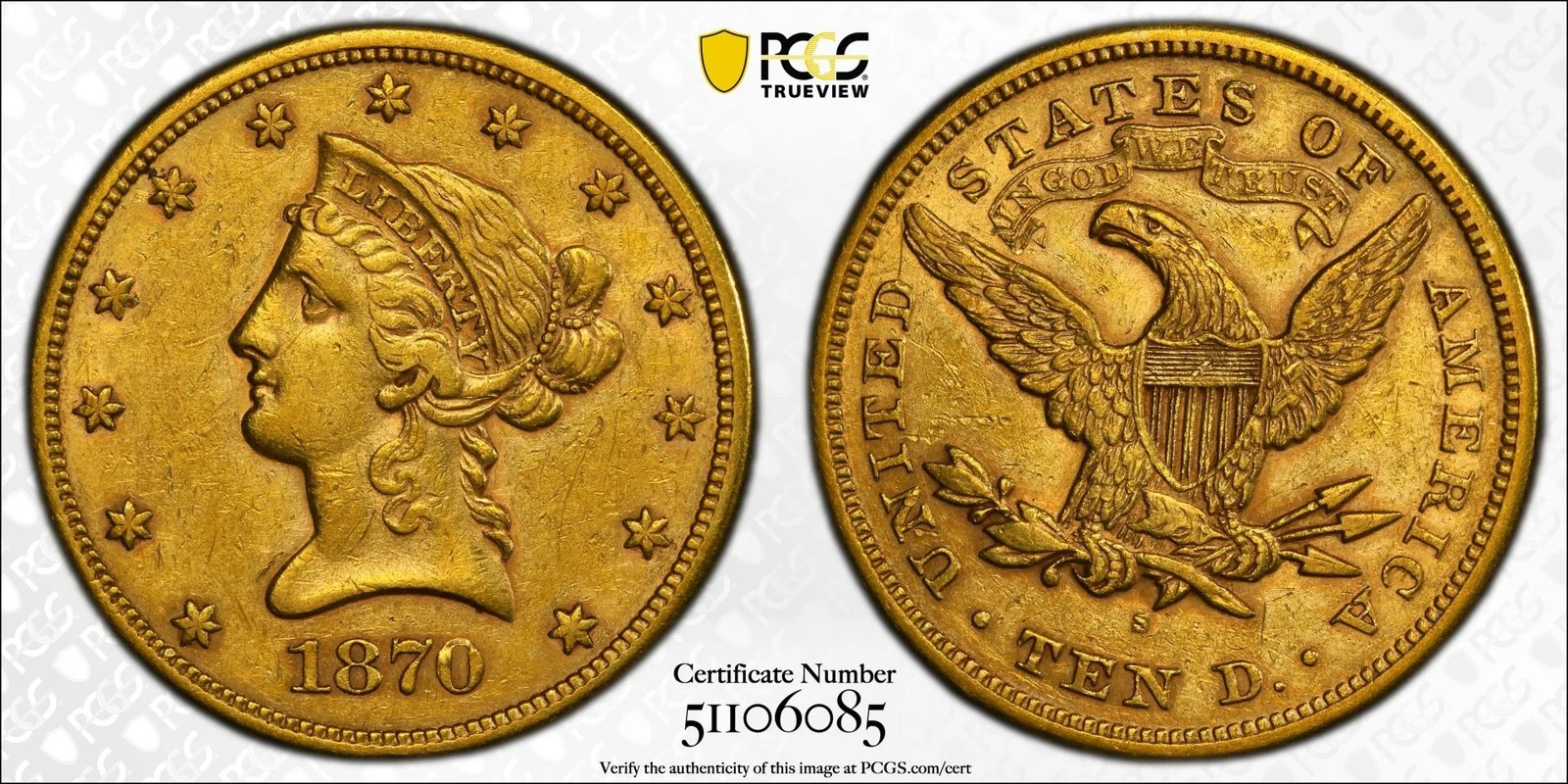 1870-S $10 Liberty Head Eagle PCGS AU50