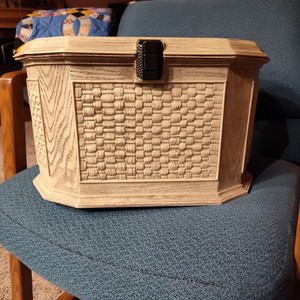 HUGE Lerner Sewing Box Chest Off White Faux Wicker Brown Tray Vintage 